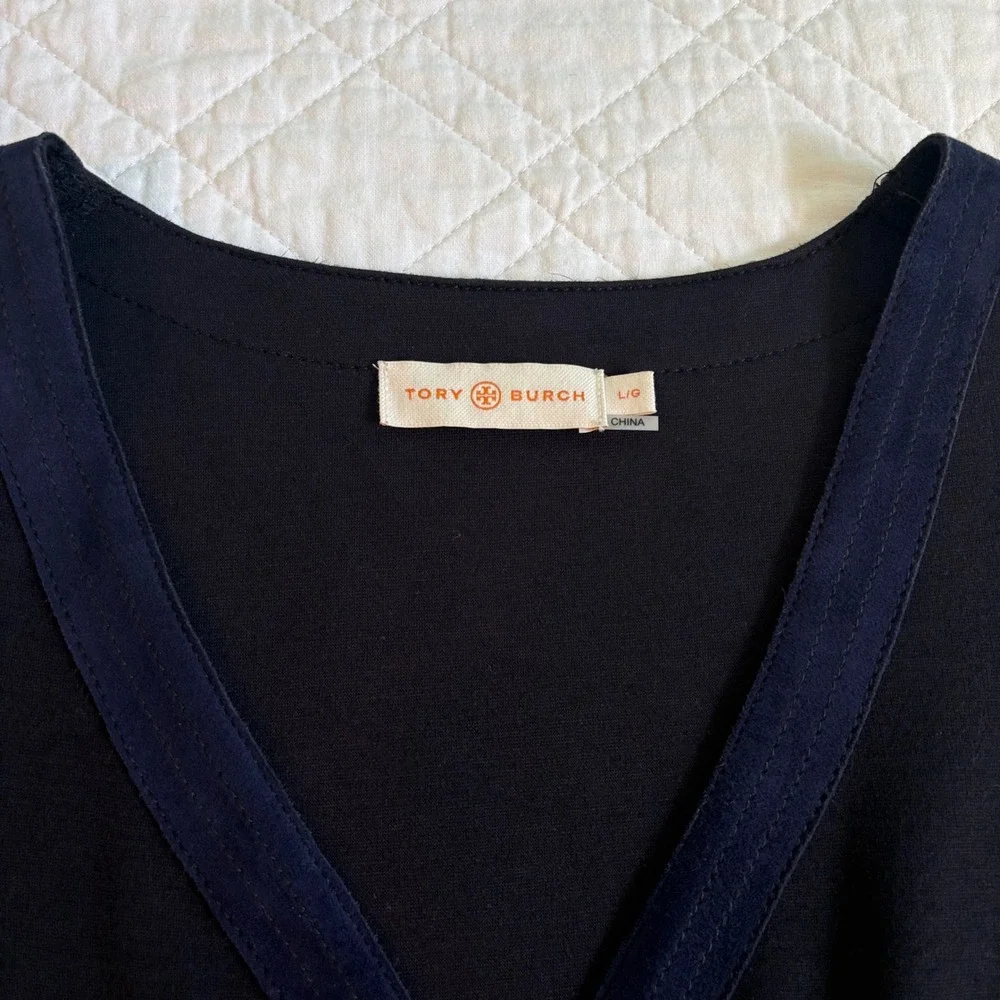 Tory Burch Navy Wool Blend V-Neck Shift Dress Suede Trim Classic Quiet Luxury L‎
